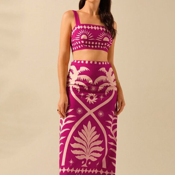 Hot Pink Boho Women's Coconut Print Cropped Cami Top And Fitted Maxi Skirt Set - Picture 4 of 7